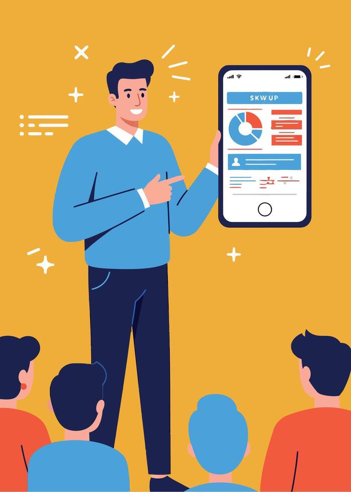 Businessman presenting financial data on smartphone screen to audience in modern style vector