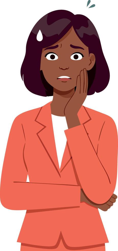 Worried businesswoman in orange suit holding cheek anxious expression illustration vector