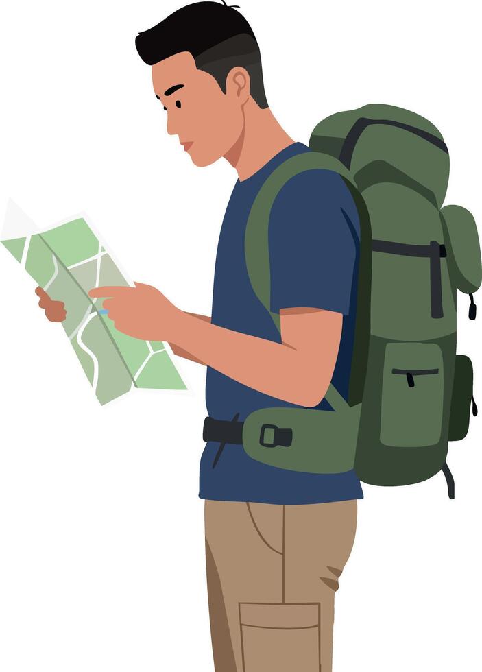 Male hiker with green backpack reading map in outdoor adventure activity illustration vector