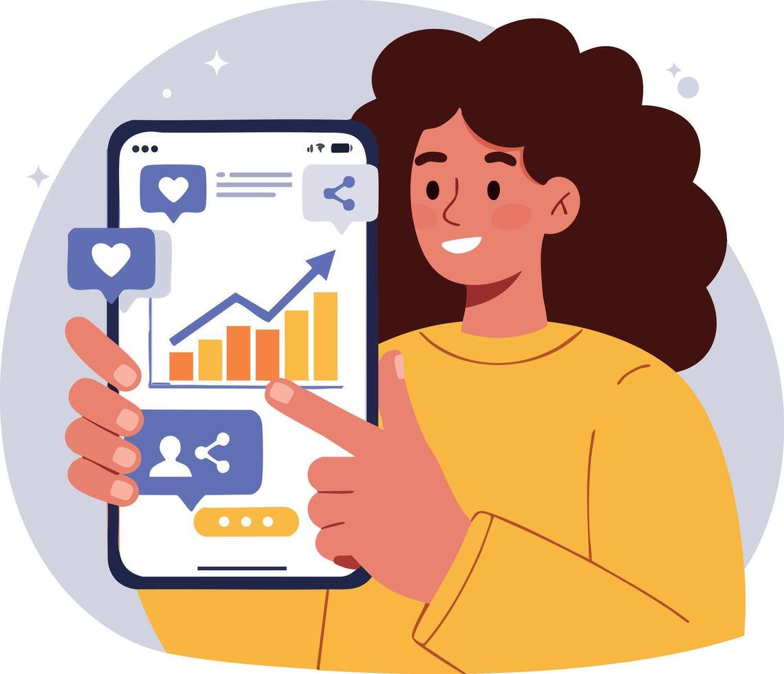 Woman holding smartphone showing social media growth analytics and engagement concept illustration vector