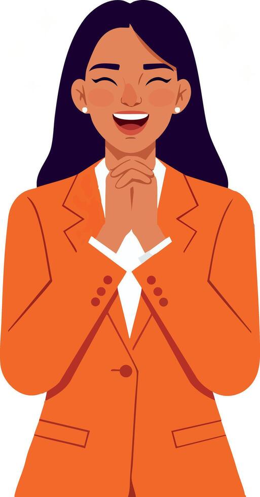 Woman in orange blazer smiling and clasping hands happy expression illustration vector