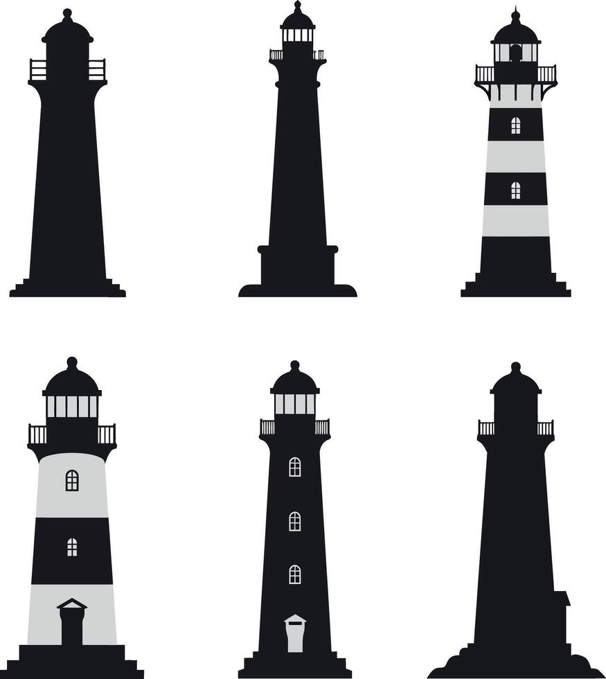 Lighthouse silhouette and striped lighthouse collection for nautical and coastal design vector