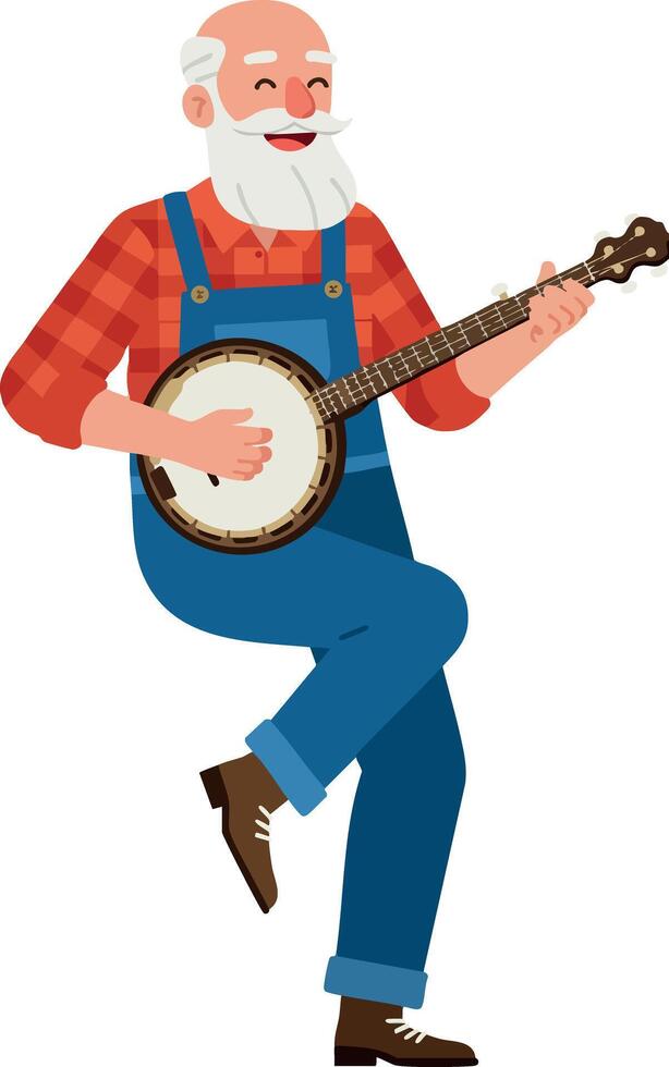 Elderly man playing banjo musical instrument in casual outfit illustration vector
