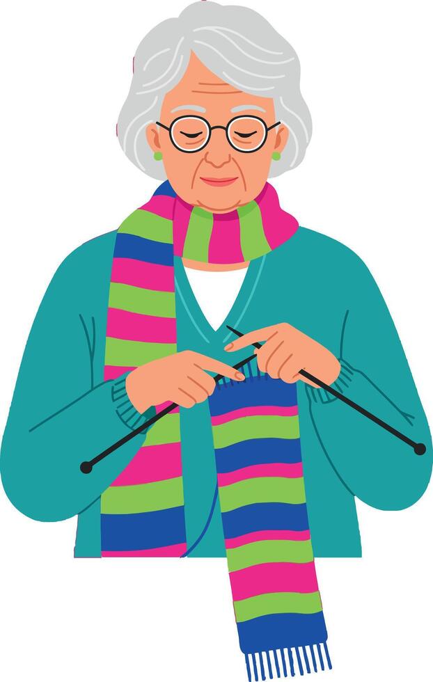 Elderly woman knitting colorful striped scarf in cozy sweater illustration vector