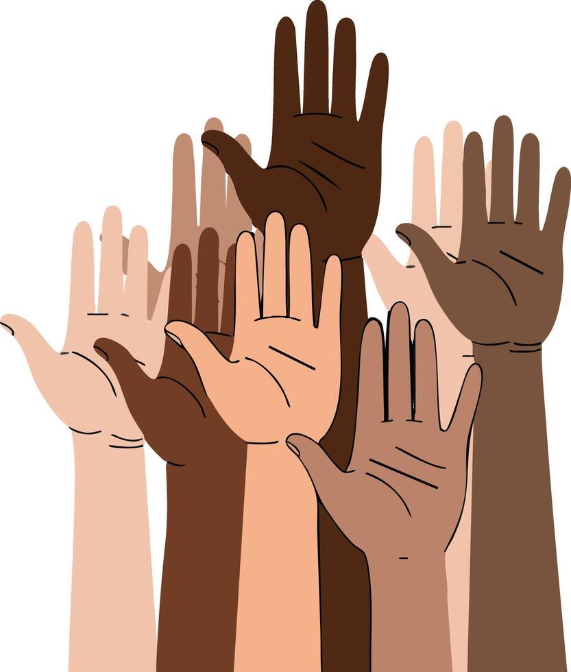 Raised hands diverse skin tones group unity and support illustration image vector