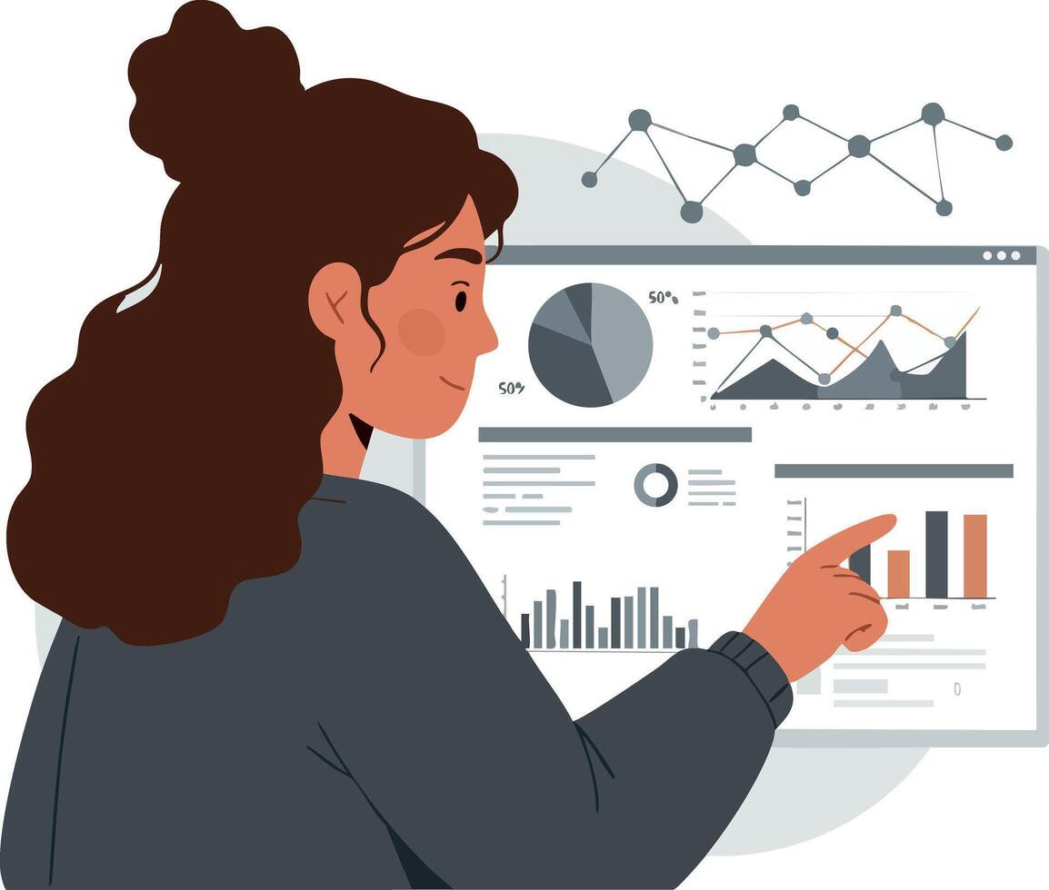 Woman analyzing business data charts and graphs on digital display illustration vector