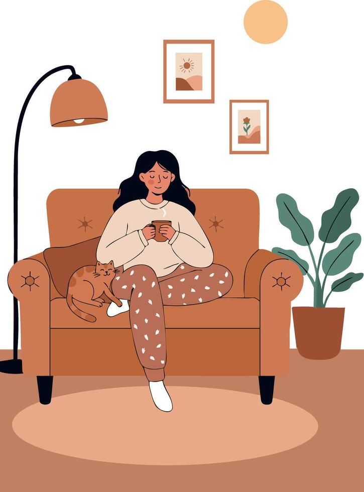 Woman Relaxing on Brown Sofa with Cat and Warm Indoor Lighting Illustration vector