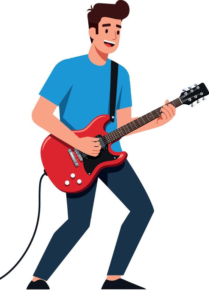 Young man playing red electric guitar in blue shirt and dark pants illustration vector