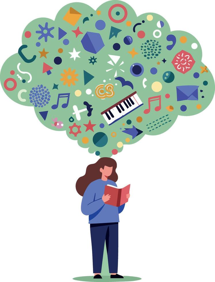 Woman reading book with colorful creative brain idea cloud illustration vector