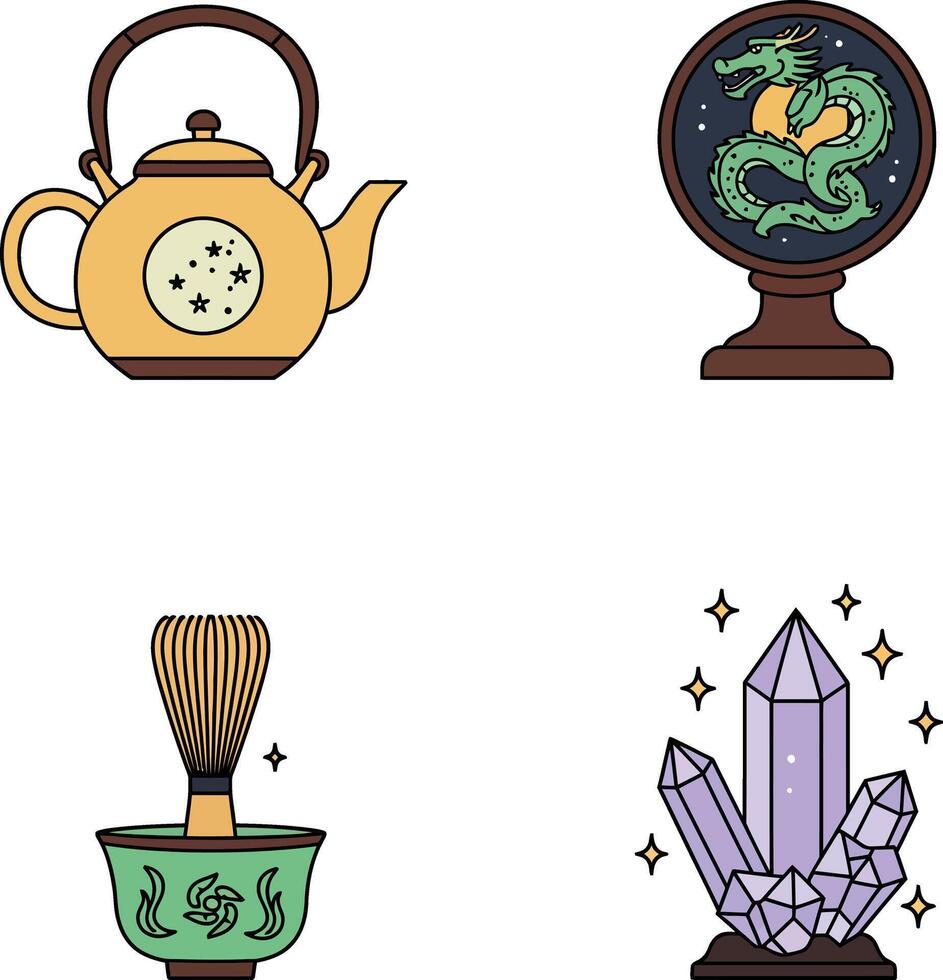 Traditional teapot dragon globe matcha whisk and crystal cluster illustration set vector