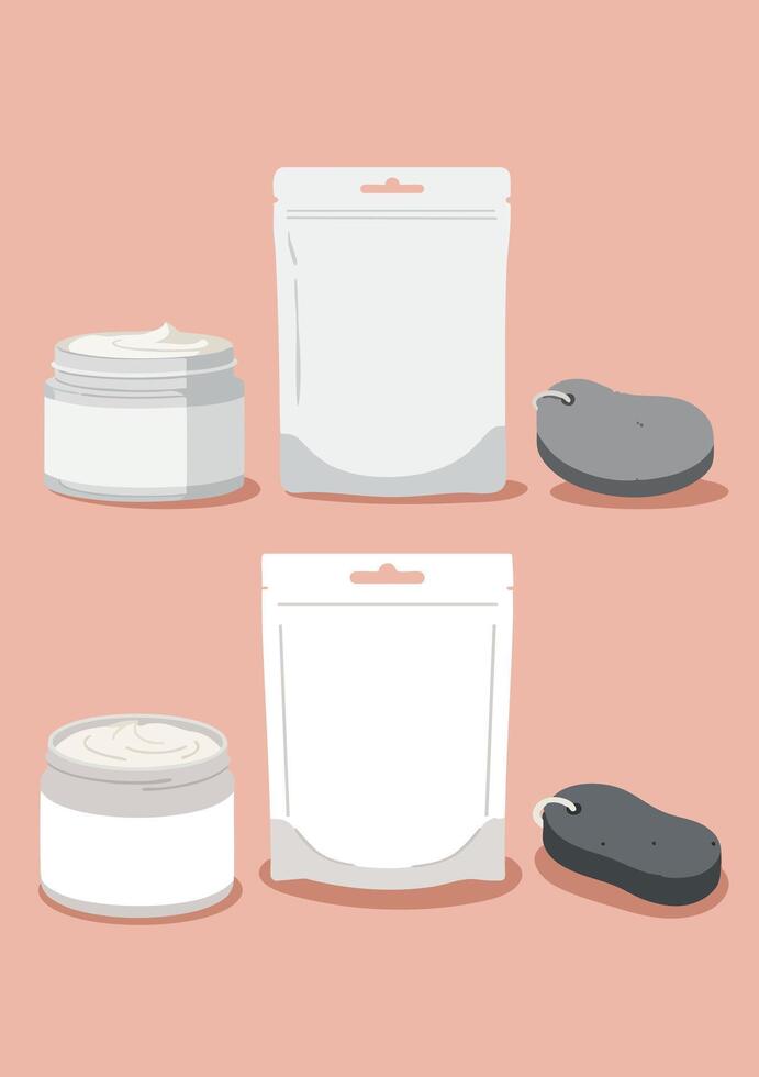 Skincare jars pouches and black soap bars set on peach background illustration vector