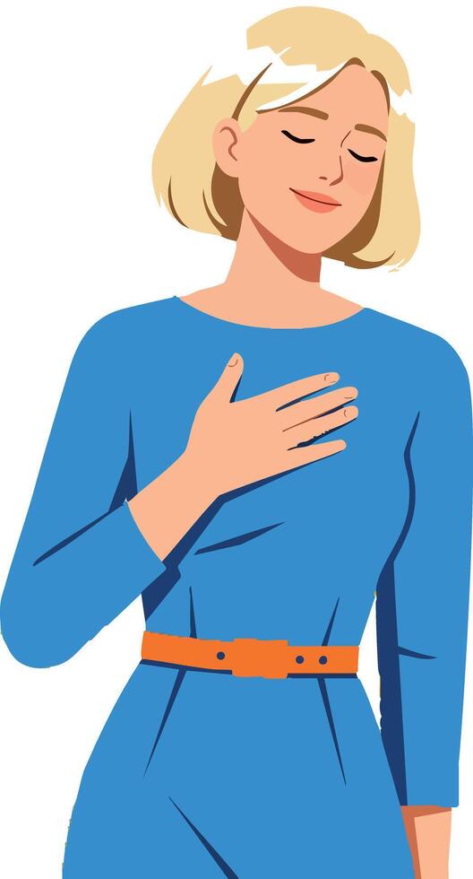Woman in blue dress with orange belt showing gratitude gesture illustration vector