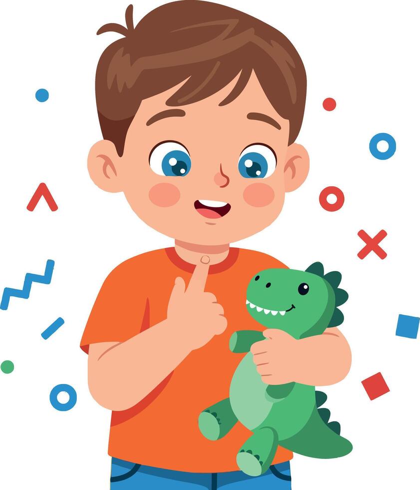 Boy holding green dinosaur toy smiling in colorful playful background illustration vector