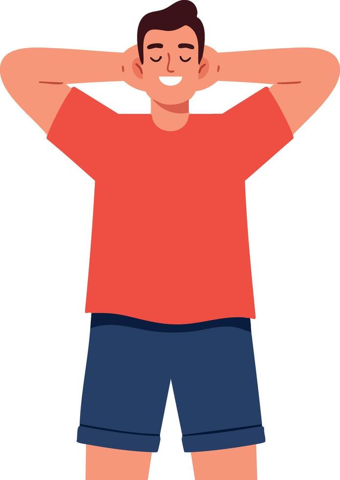 Relaxed man in red t-shirt and blue shorts with hands behind head illustration vector
