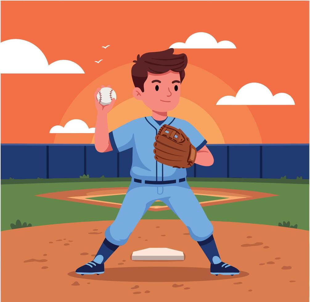 Young baseball player pitching ball on field with sunset background illustration vector
