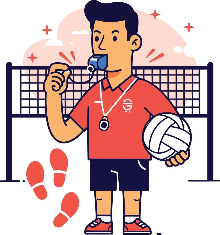Volleyball referee blowing whistle holding ball in black shorts and red shirt illustration vector
