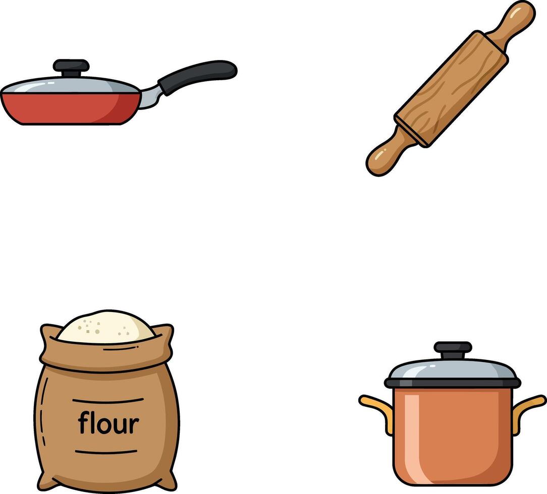 Kitchen cooking utensils frying pan rolling pin flour sack and cooking pot illustration vector