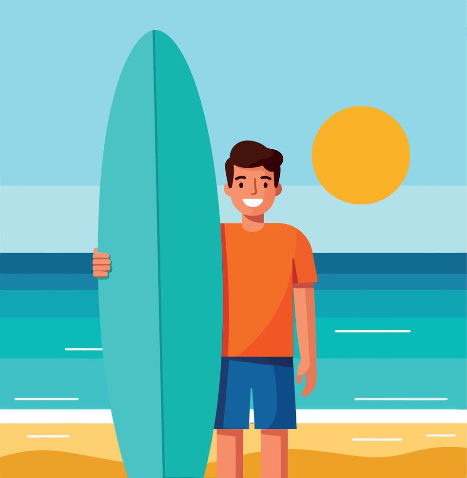 Surfer standing on beach holding turquoise surfboard by ocean with bright sun sky vector