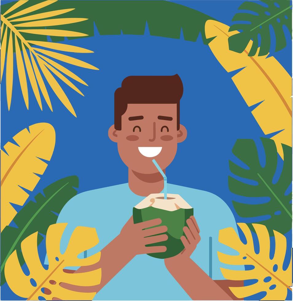 Man drinking coconut water surrounded by tropical leaves and vibrant blue background illustration vector