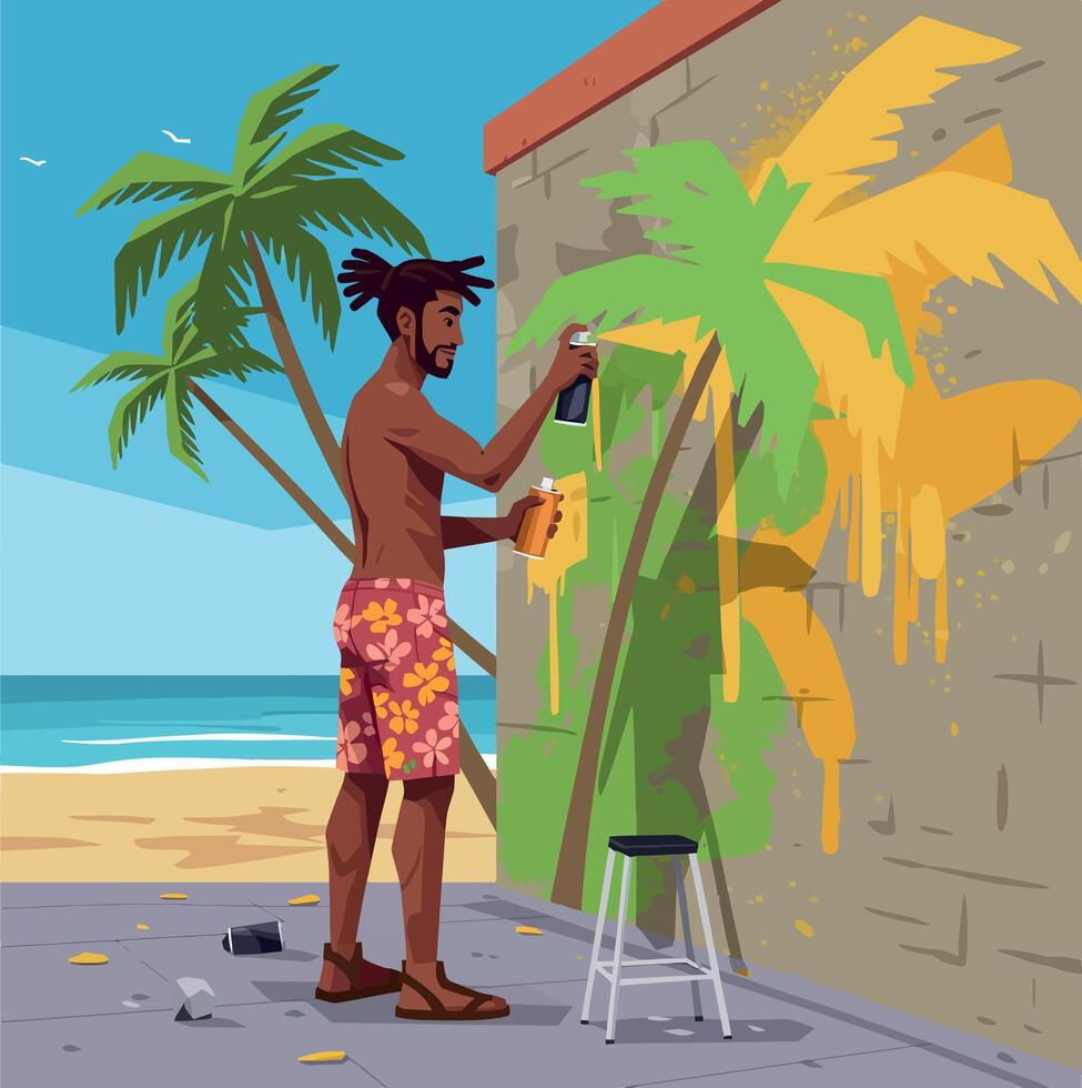 Man spray painting colorful graffiti art on wall by beach with palm trees illustration vector