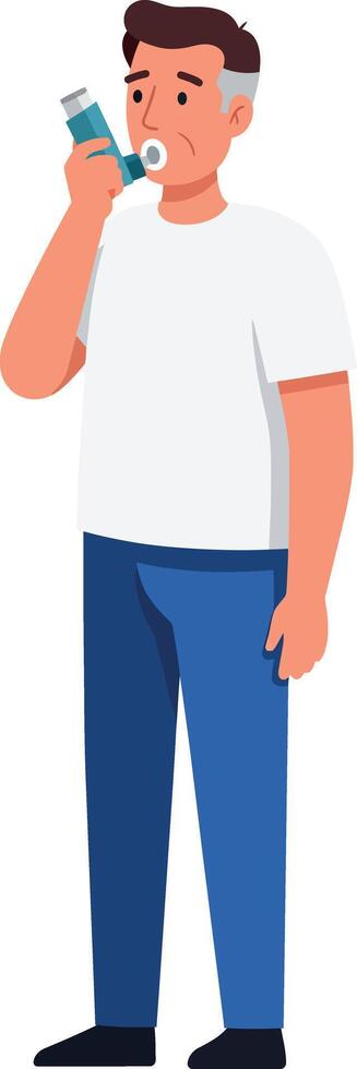 Man Using Inhaler for Asthma Relief in White Shirt and Blue Pants Illustration vector