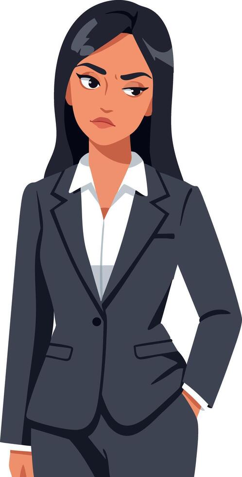 Businesswoman with black hair wearing formal dark grey suit and white shirt illustration vector