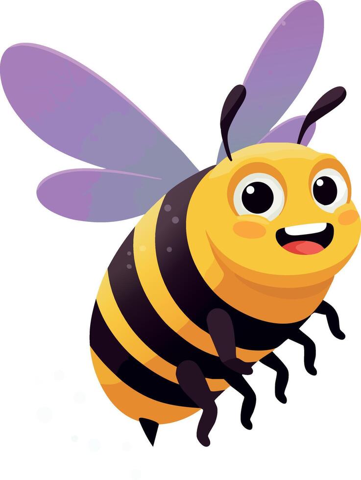 Cute smiling bee with purple wings flying cartoon illustration vector