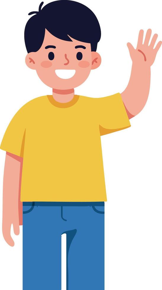 Boy Waving Hand Friendly Gesture Wearing Yellow Shirt and Blue Jeans Illustration vector