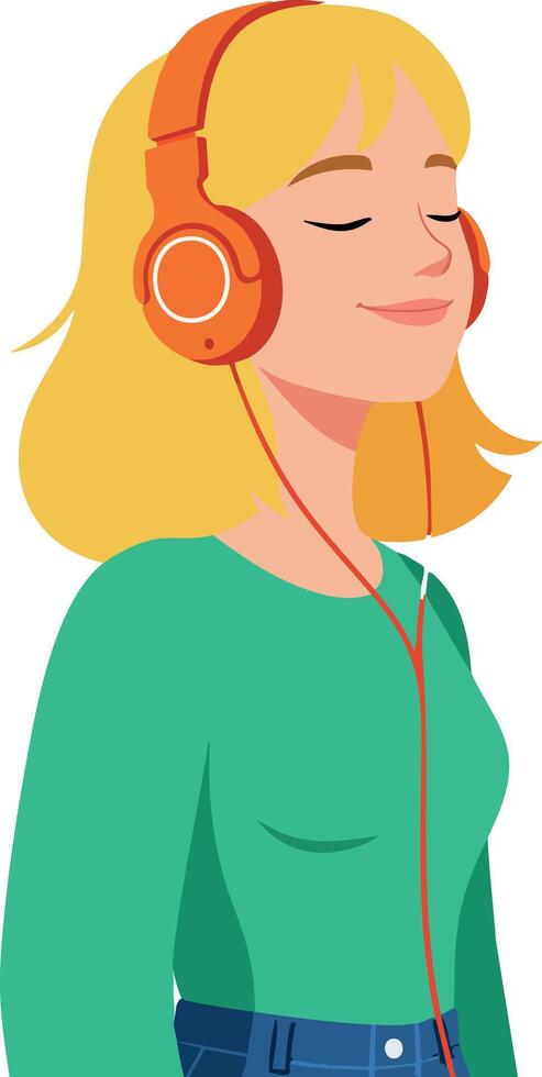 Young woman enjoying music with orange headphones in green top illustration vector