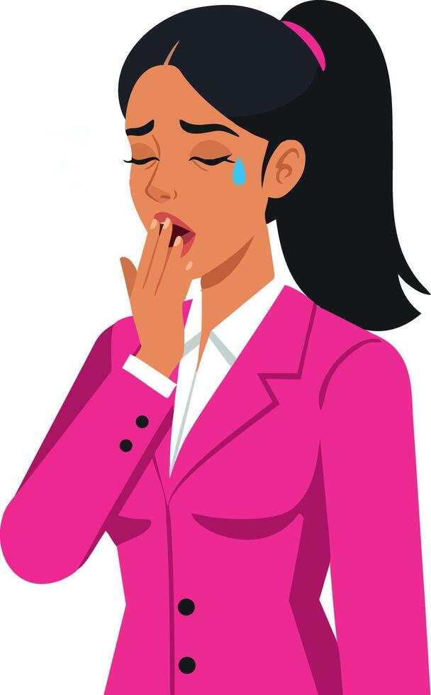 Young woman in pink suit yawning and crying showing tiredness and sadness illustration vector
