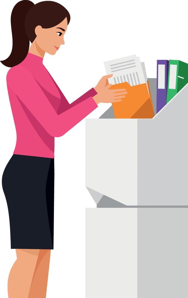 Woman in pink blouse using office shredder removing documents illustration vector