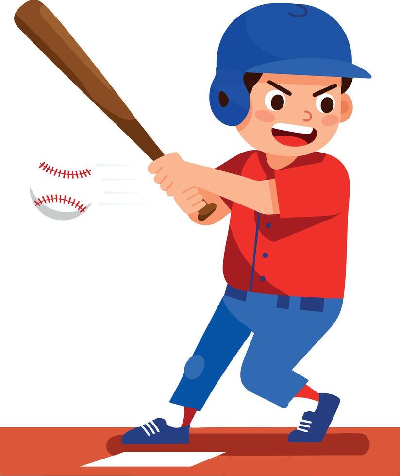 Young baseball player hitting ball in blue helmet and red uniform illustration vector