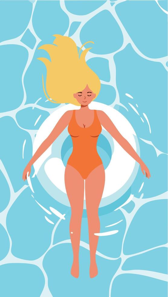 Woman Relaxing in Swimming Pool with Orange Swimsuit and Blonde Hair Illustration vector