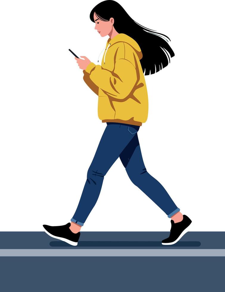Young woman walking outdoors using smartphone in casual yellow jacket and jeans illustration vector