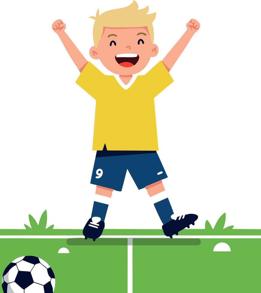 Happy boy celebrating football goal on green field with soccer ball and yellow shirt vector
