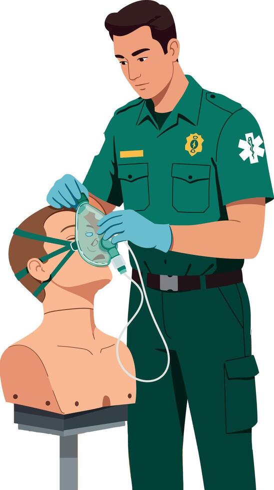 Paramedic practicing oxygen mask application on medical training mannequin illustration vector