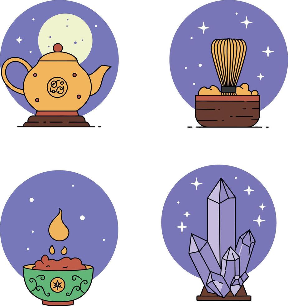 Traditional tea set with teapot, whisk, bowl, and crystal cluster natural elements vector