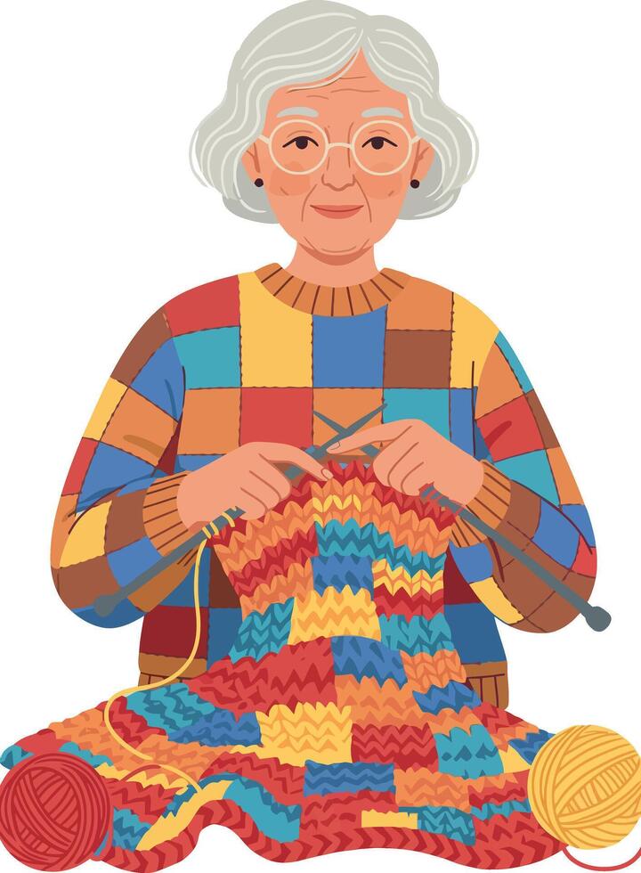 Elderly woman knitting colorful patchwork blanket with yarn balls illustration vector