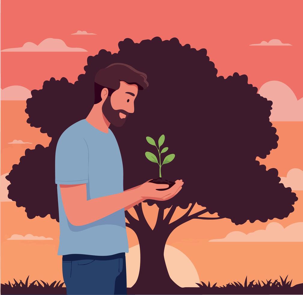 Man holding green seedling in front of large tree at sunset illustration vector