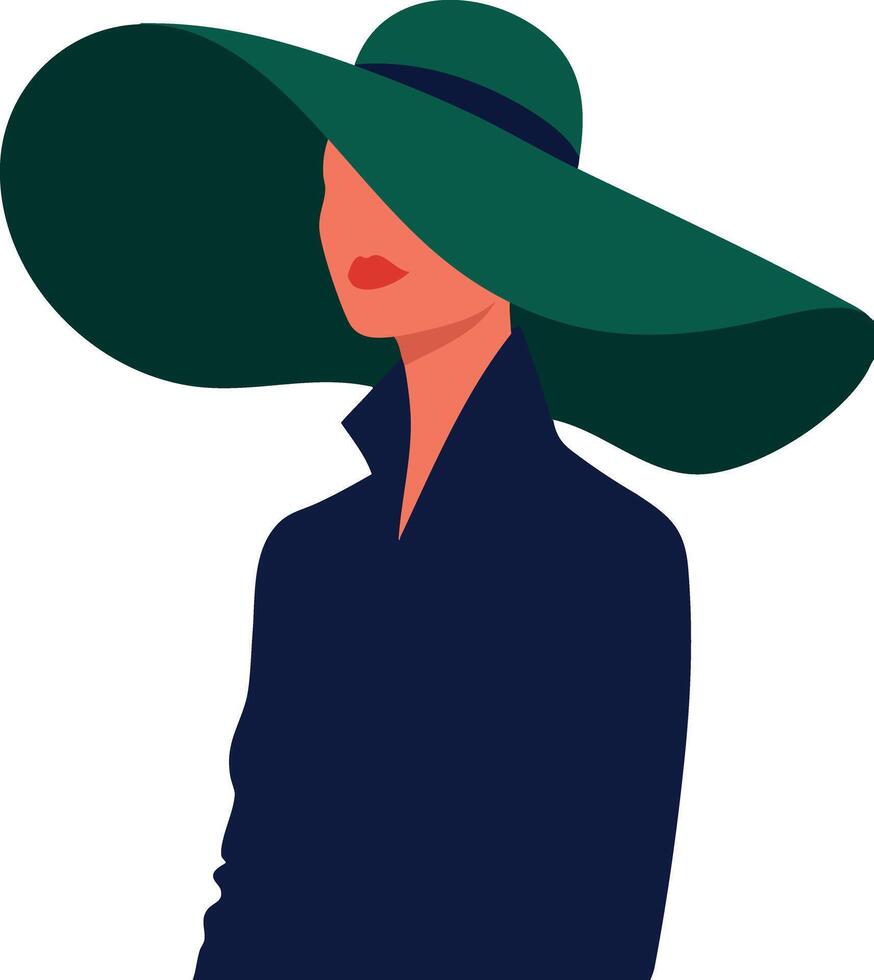 Woman wearing large green hat and navy blue coat fashionable illustration vector