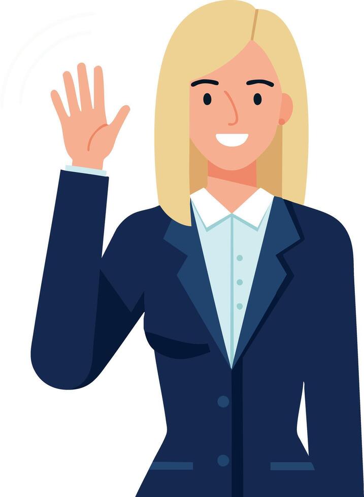 Woman in navy blue blazer waving hand smiling friendly gesture illustration vector