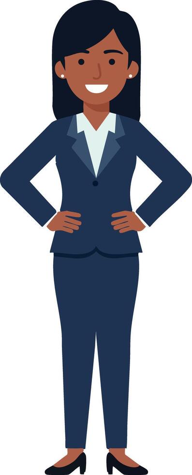 Confident businesswoman standing with hands on hips in navy suit illustration vector