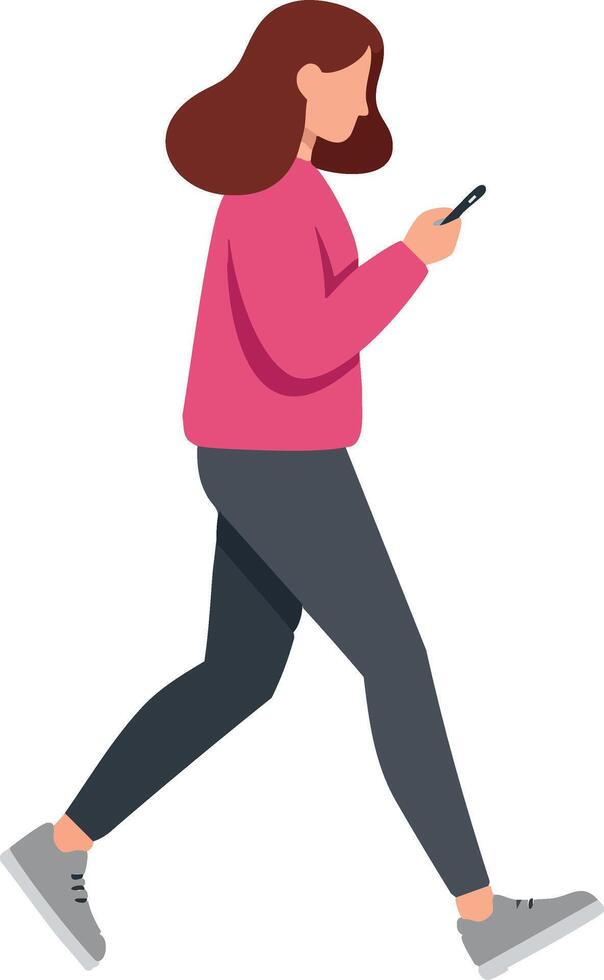 Woman walking while using smartphone in casual outfit illustration vector