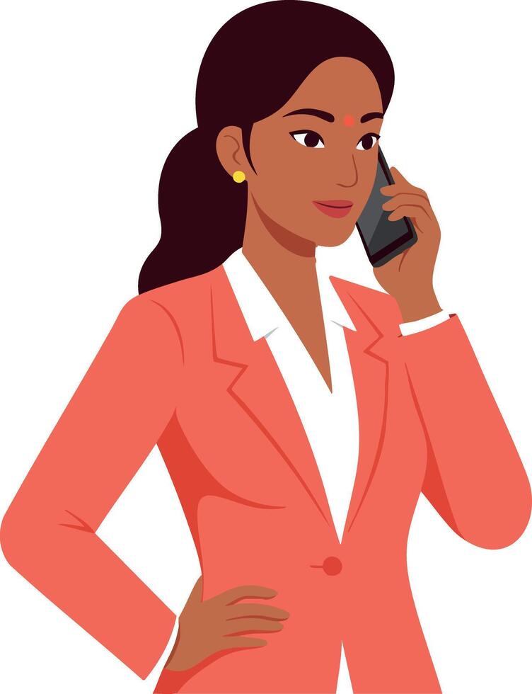 Businesswoman in coral blazer talking on smartphone with confident posture illustration vector