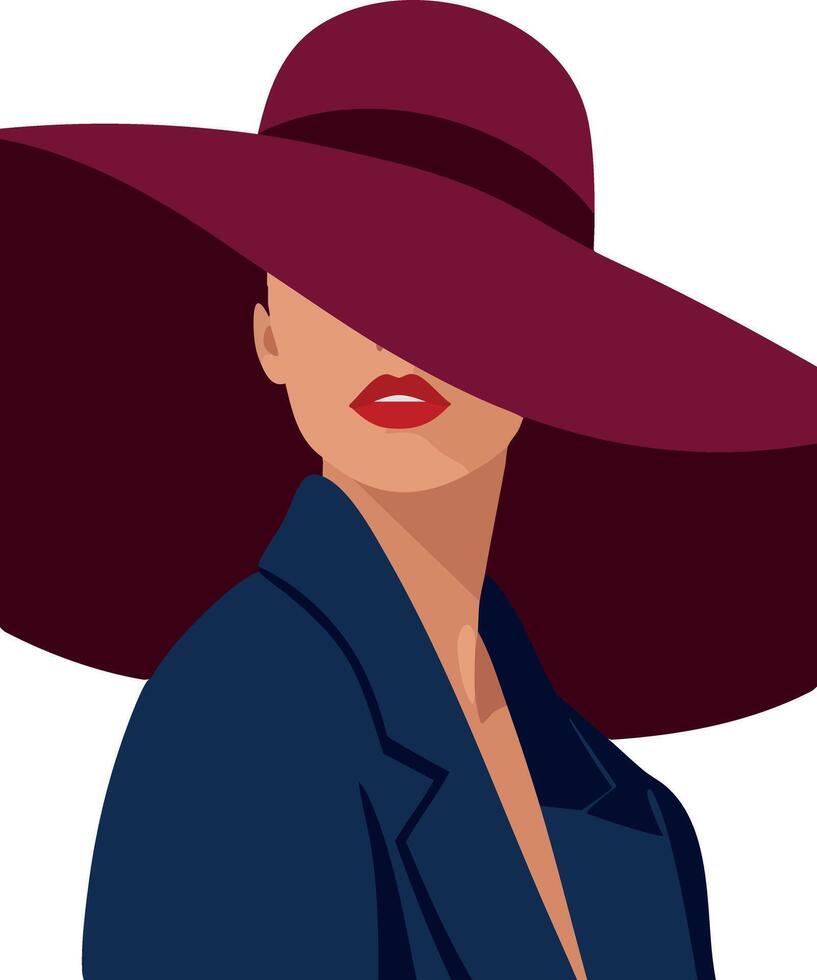 Woman in burgundy wide brim hat with red lips and navy coat illustration vector