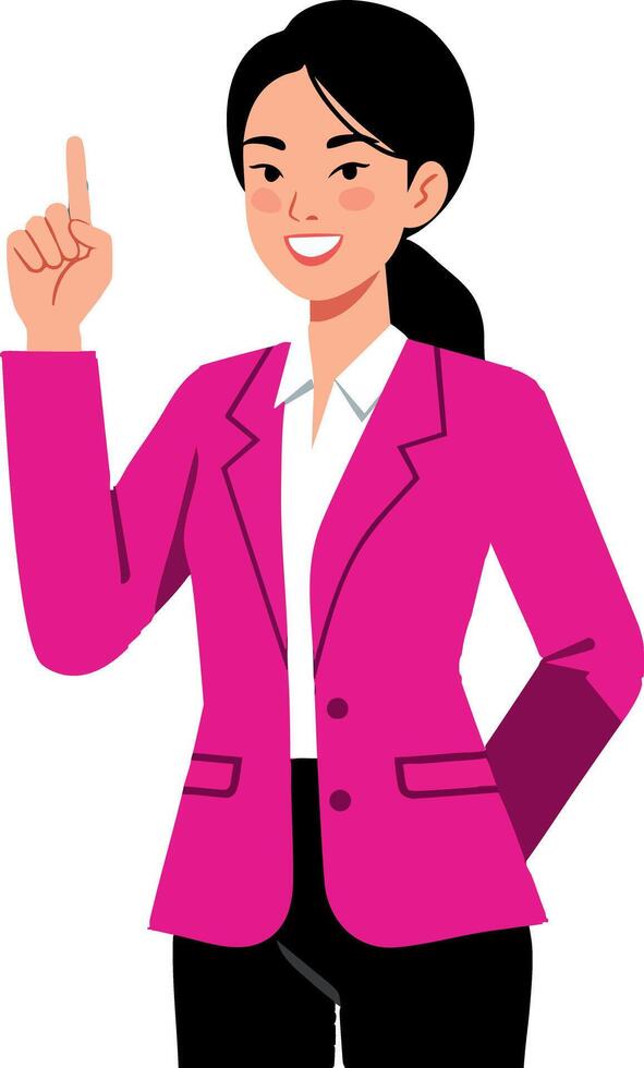 Woman with raised finger wearing pink blazer pointing upward illustration vector