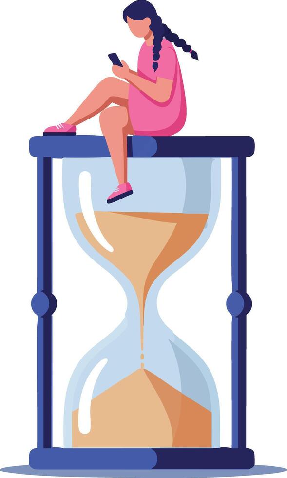 Woman Sitting on Hourglass Using Smartphone Concept of Time Management Illustration vector