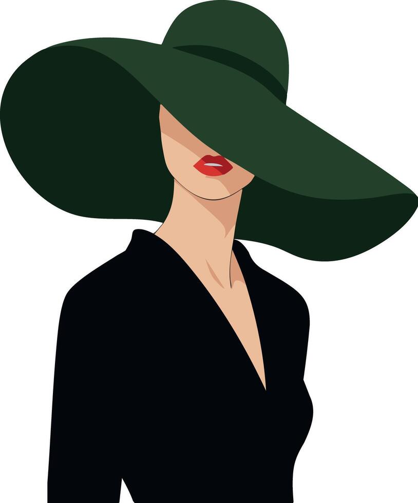 Woman Wearing Large Dark Green Hat and Black Dress Fashion Illustration vector