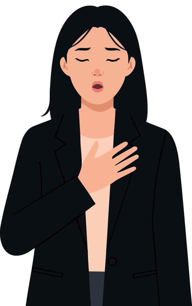 Woman expressing emotion with hand on chest in black jacket illustration vector