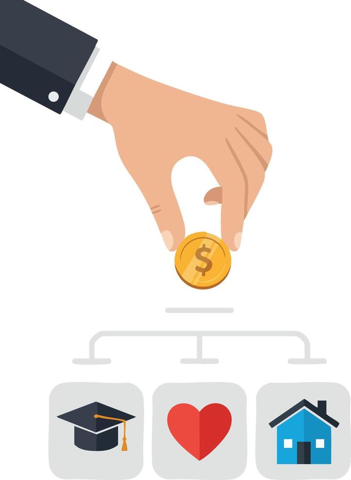 Human hand placing coin for investment in education health and housing icons vector